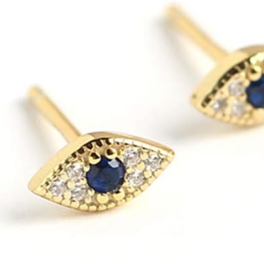 Dainty Evil Eye Mini Cartilage Stud Earrings Sterling Silver S925 Blue Crystal C